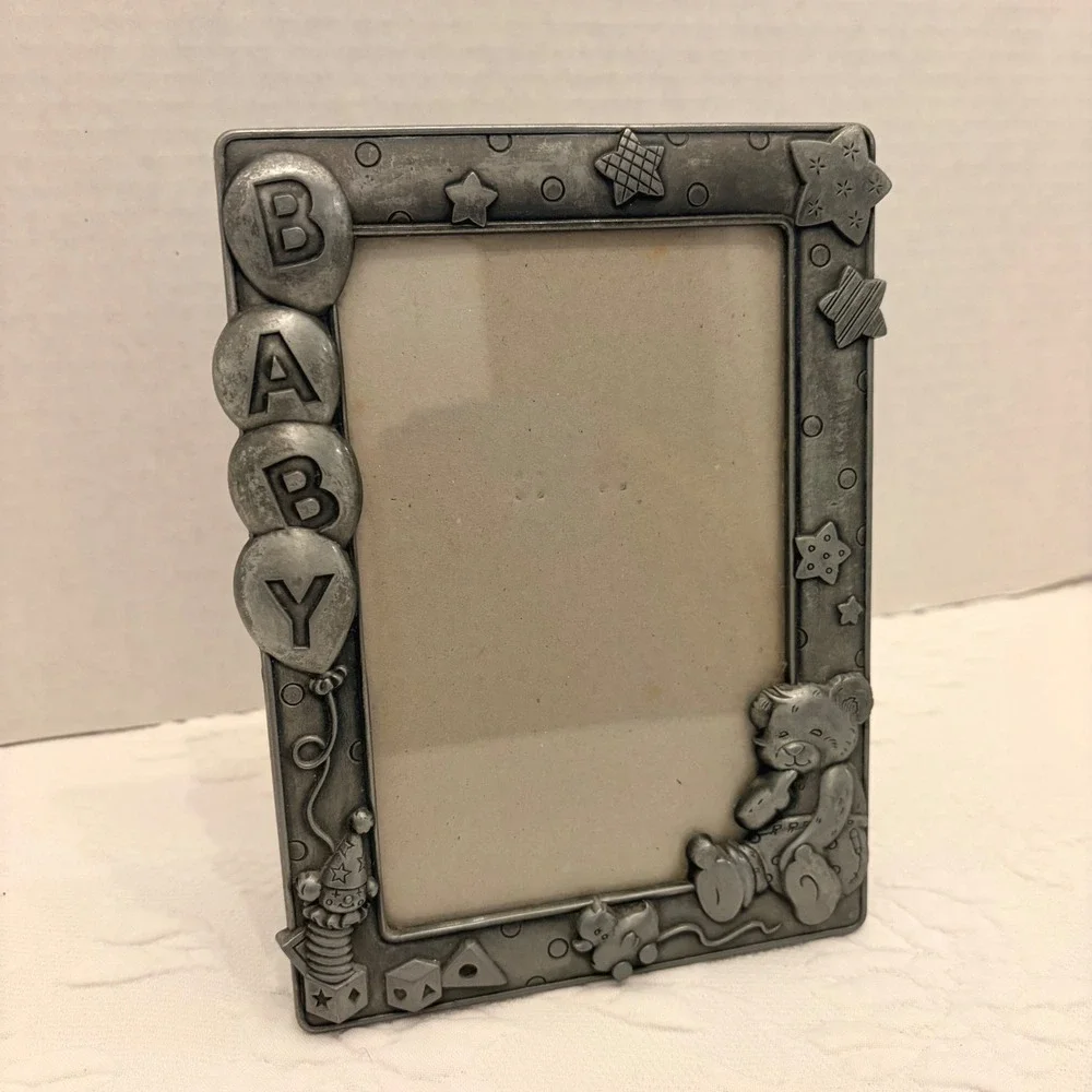 Baby Picture Frame Pewter Style Teddy Bear Balloons Shower Gift Nursery Decor